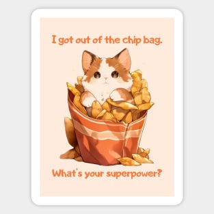 A cat crawls out of a packet of chips: I got out of the chip bag. What's your superpower? Magnet